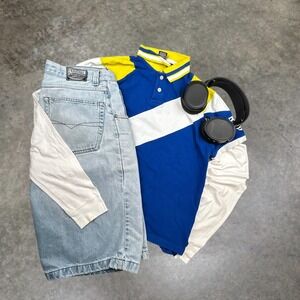 Vintage Rocawear Polo Shirt Mens Medium Blue Yellow Y2K Colorblock Streetwear